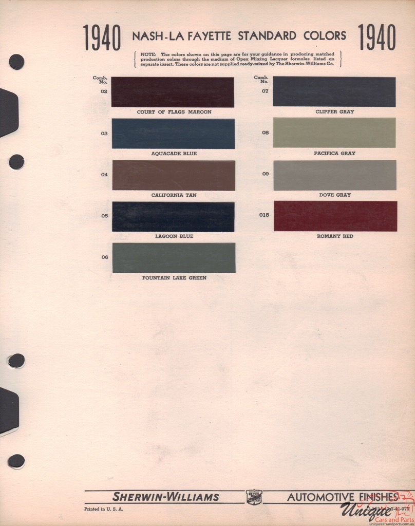 1940 Nash Paint Charts Williams 1